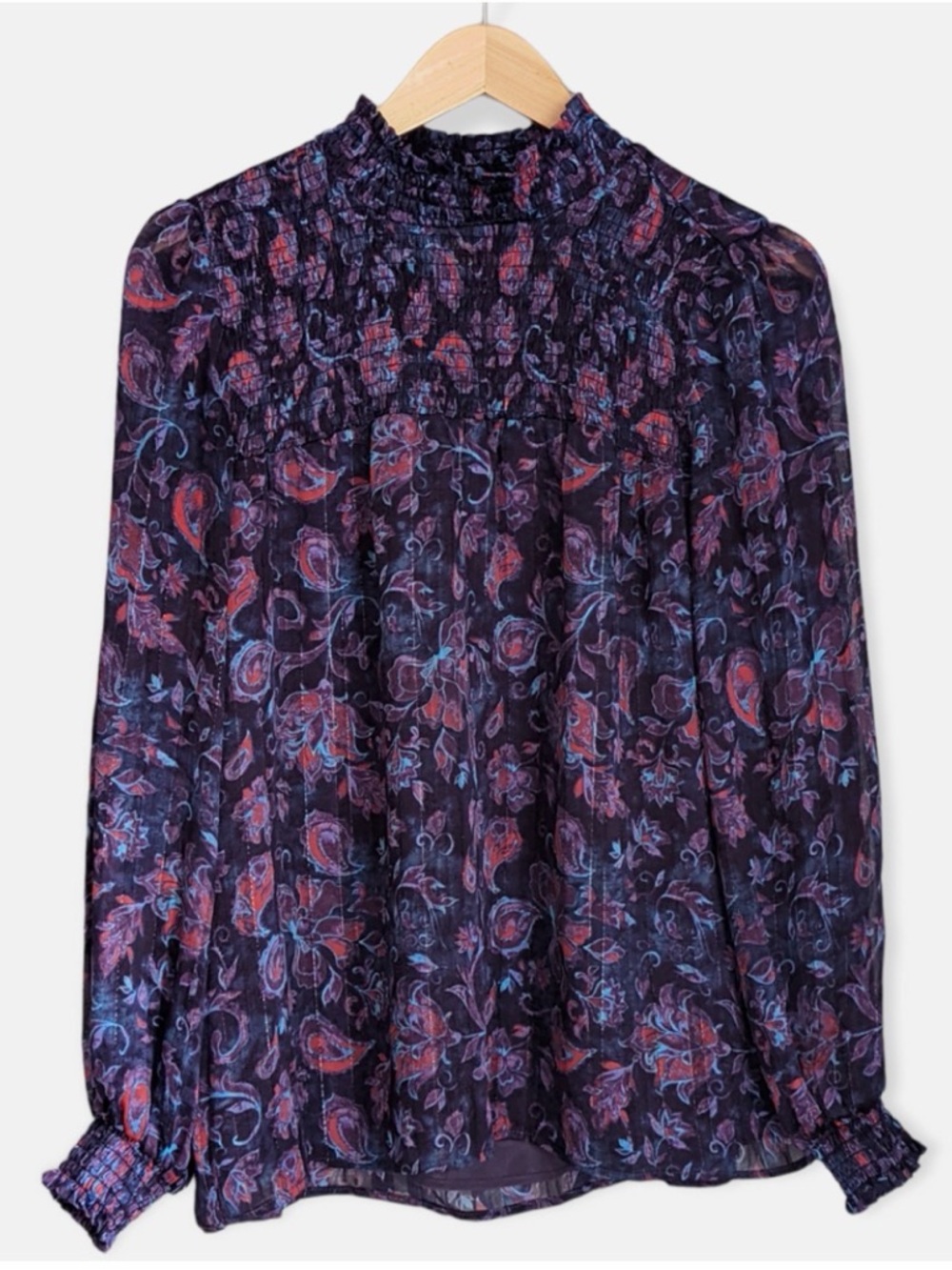 Joie Womens Blouse Purple Paisley Long Bishop Sleeve Mock Neck Smocked